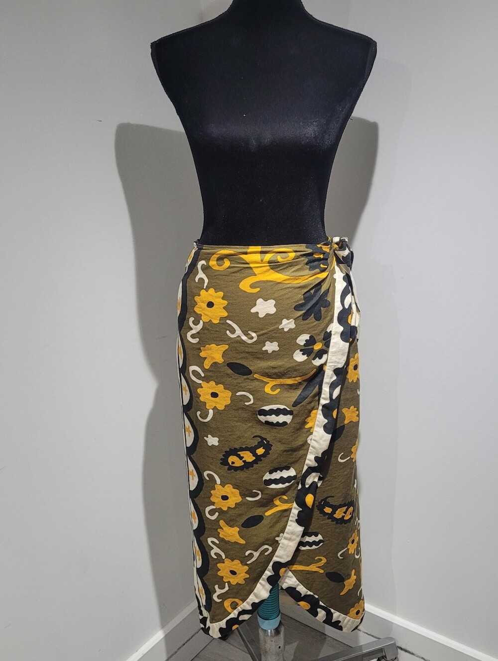Zara Women's Pareo-Style Linen Blend Printed Wrap Midi Skirt XS Brown Yellow
